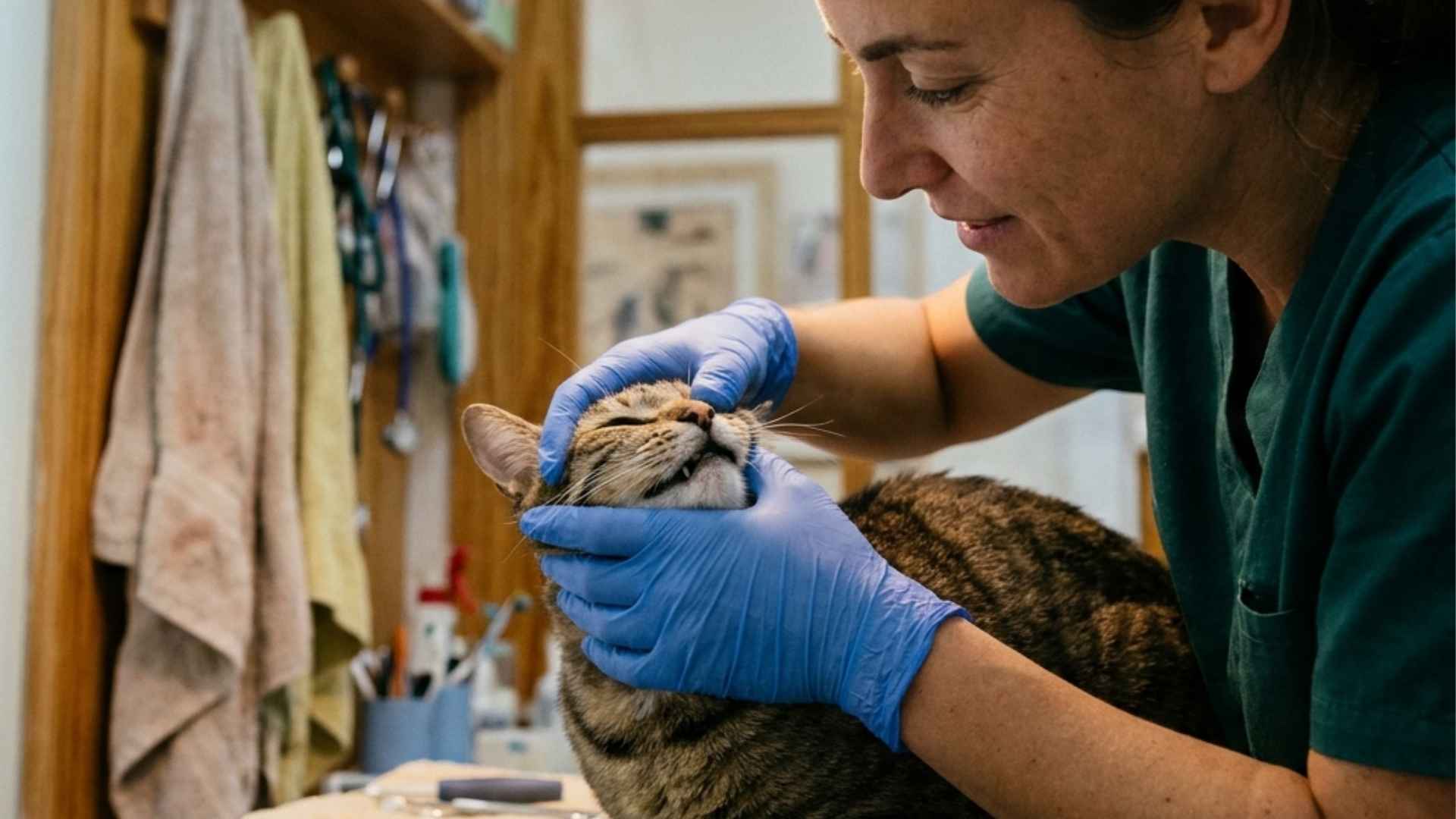 Veterinaria revisando los dientes a un gato